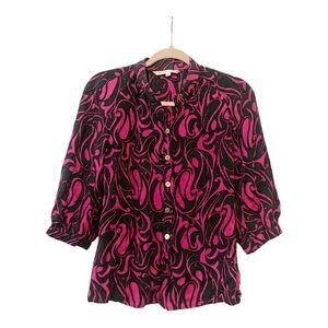 Trina Turk Paisley Swirl Magenta Green Silk 3/4 Sleeve Button Down Blouse Sz P